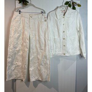 Solitaire White Floral Embroidered Jacket & Pants Set For Women XL Cotton Blend